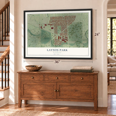Layton Park, Wisconsin map, 24 x 36 inch print in a black frame above a dresser by a staircase
