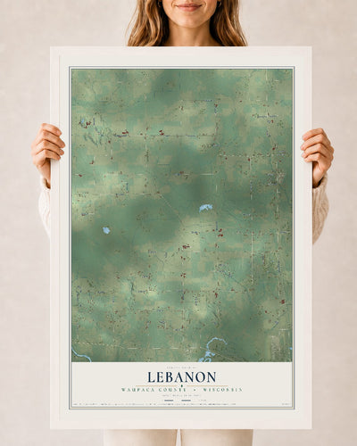 Map of Lebanon, Waupaca County, Wisconsin, 24 x 36 inch print in a white wood frame