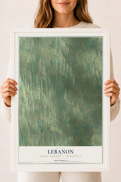 Map of Lebanon, Dodge County, Wisconsin, 18 x 24 inch print in a white wood frame