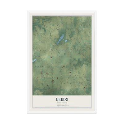 Map of Leeds, Wisconsin, 12 x 18 inch print in a white wood frame