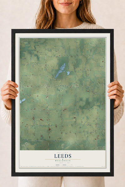 Map of Leeds, Wisconsin, 18 x 24 inch print in a black wood frame