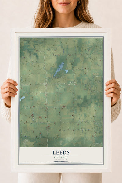 Map of Leeds, Wisconsin, 18 x 24 inch print in a white wood frame