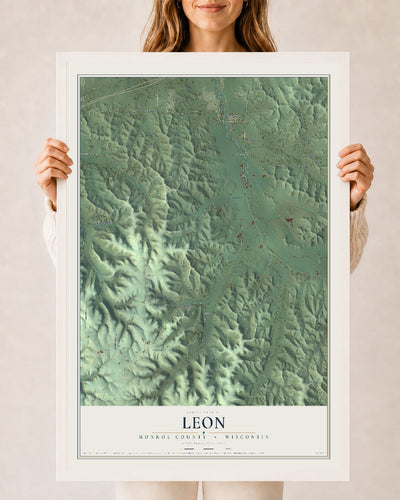 Map of Leon, Monroe County, Wisconsin, 24 x 36 inch print in a white wood frame