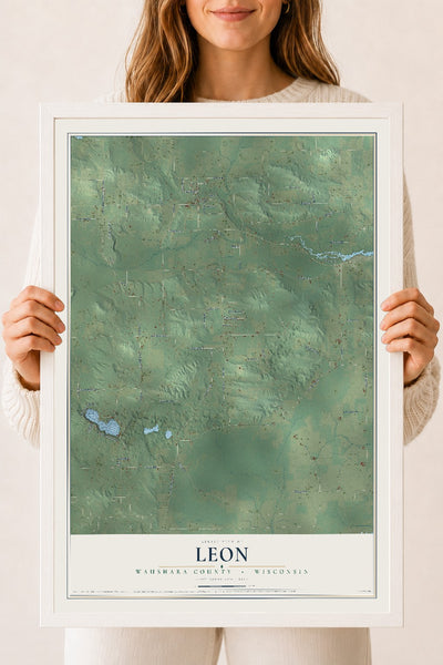 Map of Leon, Waushara County, Wisconsin, 18 x 24 inch print in a white wood frame