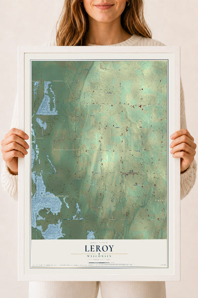Map of Leroy, Wisconsin, 18 x 24 inch print in a white wood frame