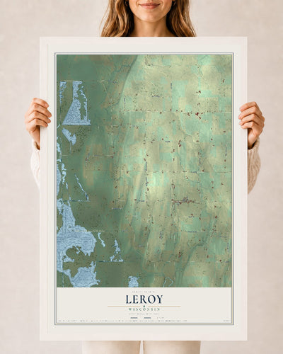 Map of Leroy, Wisconsin, 24 x 36 inch print in a white wood frame