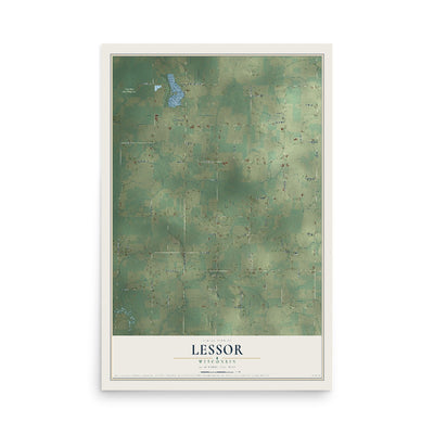 Map of Lessor, Wisconsin, 12 x 18 inch unframed archival matte print
