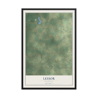 Map of Lessor, Wisconsin, 12 x 18 inch print in a black wood frame