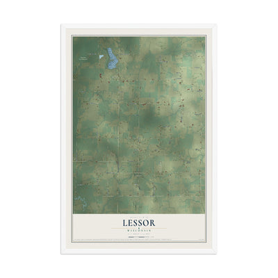 Map of Lessor, Wisconsin, 12 x 18 inch print in a white wood frame