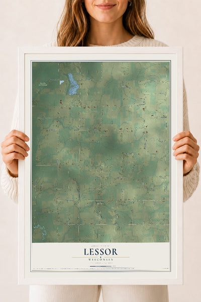 Map of Lessor, Wisconsin, 18 x 24 inch print in a white wood frame