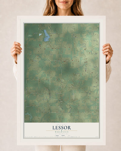 Map of Lessor, Wisconsin, 24 x 36 inch print in a white wood frame