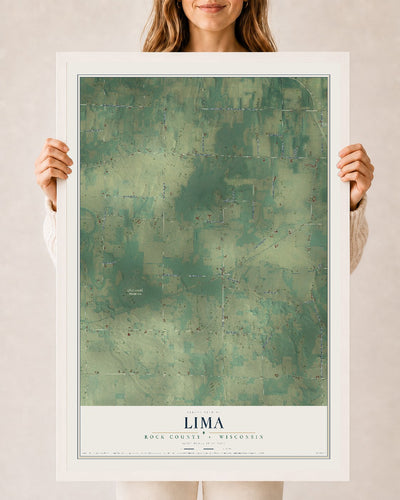 Map of Lima, Rock County, Wisconsin, 24 x 36 inch print in a white wood frame