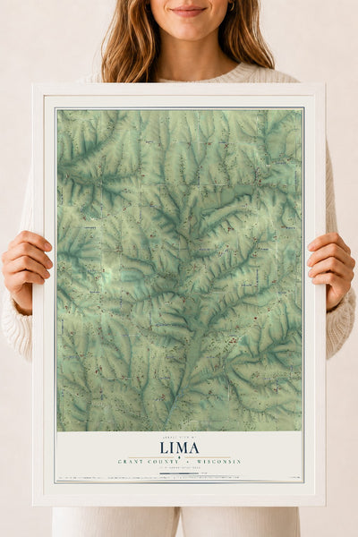 Map of Lima, Grant County, Wisconsin, 18 x 24 inch print in a white wood frame