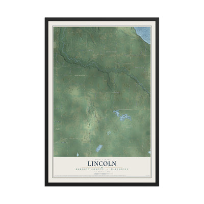 Map of Lincoln, Burnett County, Wisconsin, 12 x 18 inch print in a black wood frame
