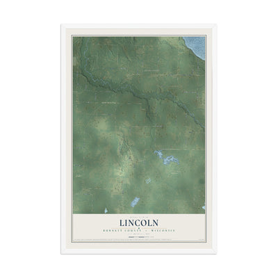 Map of Lincoln, Burnett County, Wisconsin, 12 x 18 inch print in a white wood frame