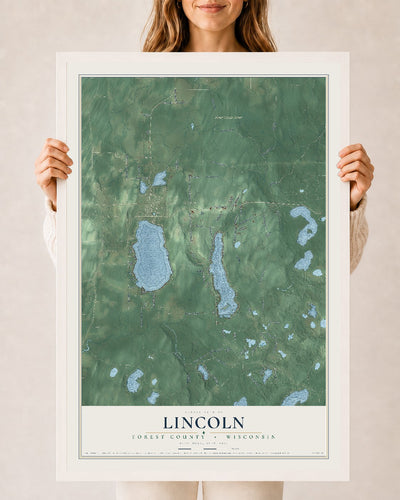 Map of Lincoln, Forest County, Wisconsin, 24 x 36 inch print in a white wood frame