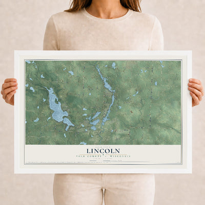 Map of Lincoln, Polk County, Wisconsin, 12 x 18 inch print in a white wood frame