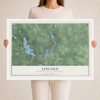 Map of Lincoln, Polk County, Wisconsin, 24 x 36 inch print in a white wood frame