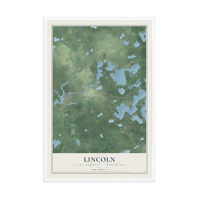 Map of Lincoln, Vilas County, Wisconsin, 12 x 18 inch print in a white wood frame