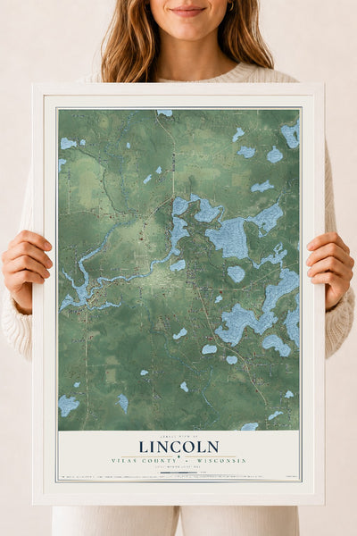 Map of Lincoln, Vilas County, Wisconsin, 18 x 24 inch print in a white wood frame