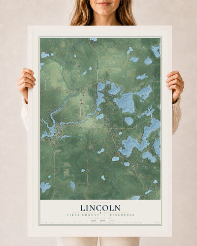 Map of Lincoln, Vilas County, Wisconsin, 24 x 36 inch print in a white wood frame