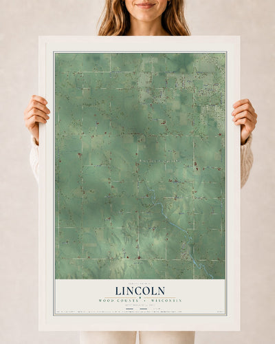 Map of Lincoln, Wood County, Wisconsin, 24 x 36 inch print in a white wood frame