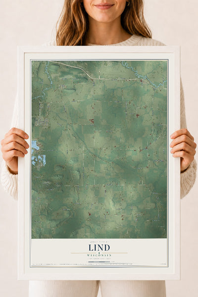 Map of Lind, Wisconsin, 18 x 24 inch print in a white wood frame