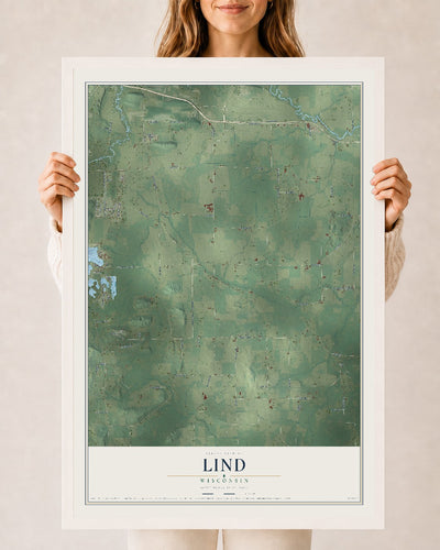Map of Lind, Wisconsin, 24 x 36 inch print in a white wood frame