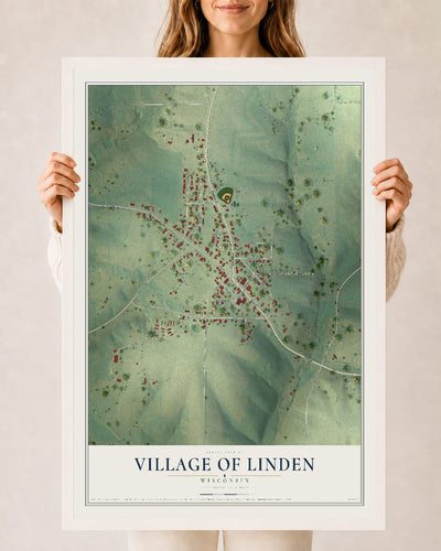 Map of Linden, Wisconsin, 24 x 36 inch print in a white wood frame