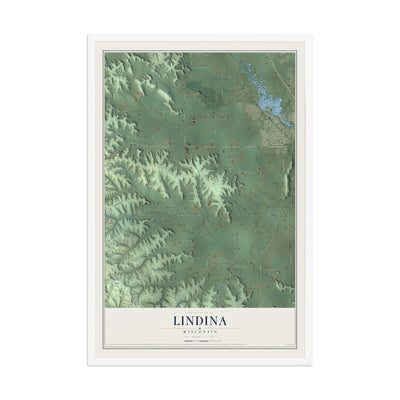 Map of Lindina, Wisconsin, 12 x 18 inch print in a white wood frame