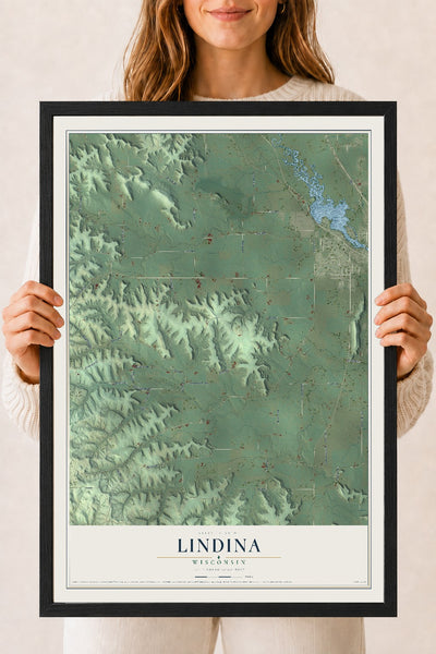 Map of Lindina, Wisconsin, 18 x 24 inch print in a black wood frame
