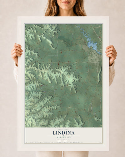 Map of Lindina, Wisconsin, 24 x 36 inch print in a white wood frame