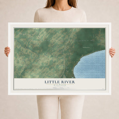 Map of Little River, Wisconsin, 24 x 36 inch print in a white wood frame