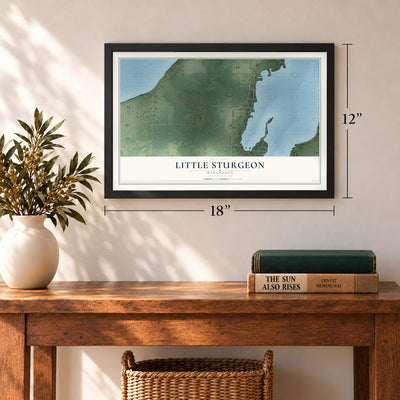 Little Sturgeon, Wisconsin map, 12 x 18 inch print in a black frame in an entryway