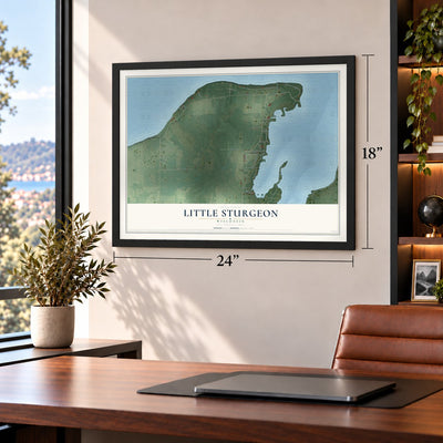 Little Sturgeon, Wisconsin map, 18 x 24 inch print in a black frame in a home office