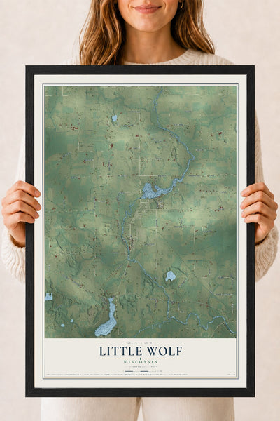 Map of Little Wolf, Wisconsin, 18 x 24 inch print in a black wood frame