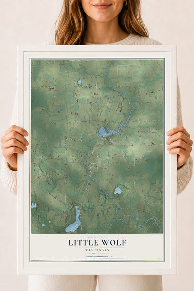 Map of Little Wolf, Wisconsin, 18 x 24 inch print in a white wood frame