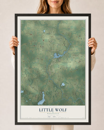 Map of Little Wolf, Wisconsin, 24 x 36 inch print in a black wood frame