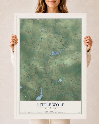 Map of Little Wolf, Wisconsin, 24 x 36 inch print in a white wood frame