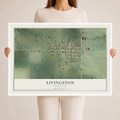Map of Livingston, Wisconsin, 24 x 36 inch print in a white wood frame