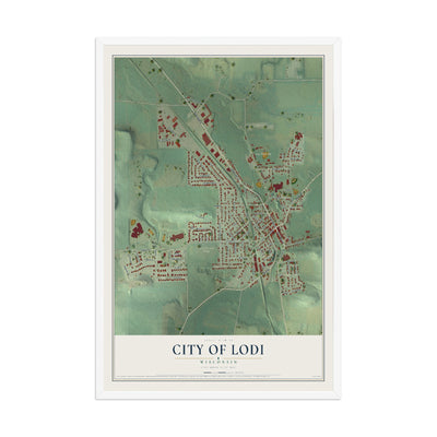 Map of Lodi, Wisconsin, 12 x 18 inch print in a white wood frame