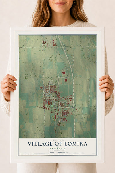 Map of Lomira, Wisconsin, 18 x 24 inch print in a white wood frame