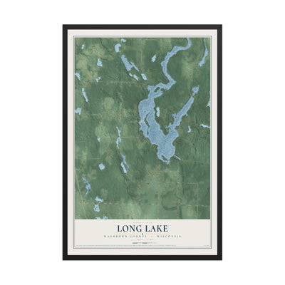 Map of Long Lake, Washburn County, Wisconsin, 12 x 18 inch print in a black wood frame