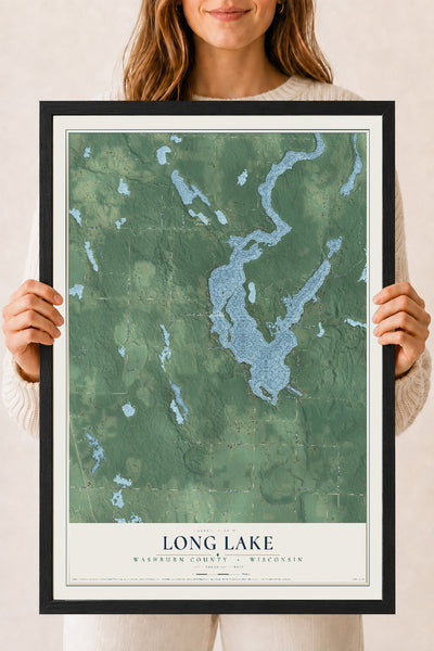 Map of Long Lake, Washburn County, Wisconsin, 18 x 24 inch print in a black wood frame