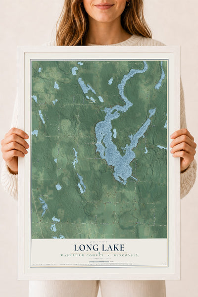 Map of Long Lake, Washburn County, Wisconsin, 18 x 24 inch print in a white wood frame