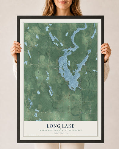 Map of Long Lake, Washburn County, Wisconsin, 24 x 36 inch print in a black wood frame