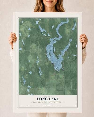 Map of Long Lake, Washburn County, Wisconsin, 24 x 36 inch print in a white wood frame