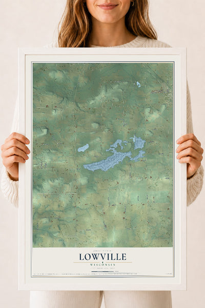 Map of Lowville, Wisconsin, 18 x 24 inch print in a white wood frame