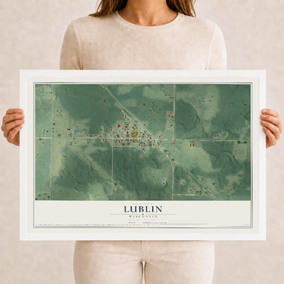 Map of Lublin, Wisconsin, 12 x 18 inch print in a white wood frame