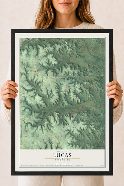 Map of Lucas, Wisconsin, 18 x 24 inch print in a black wood frame